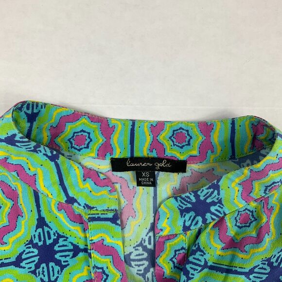 Lauren Gold Silk Sleeveless Blouse Vibrant Geometric Colorful Top V-Neck XS - Picture 3 of 9